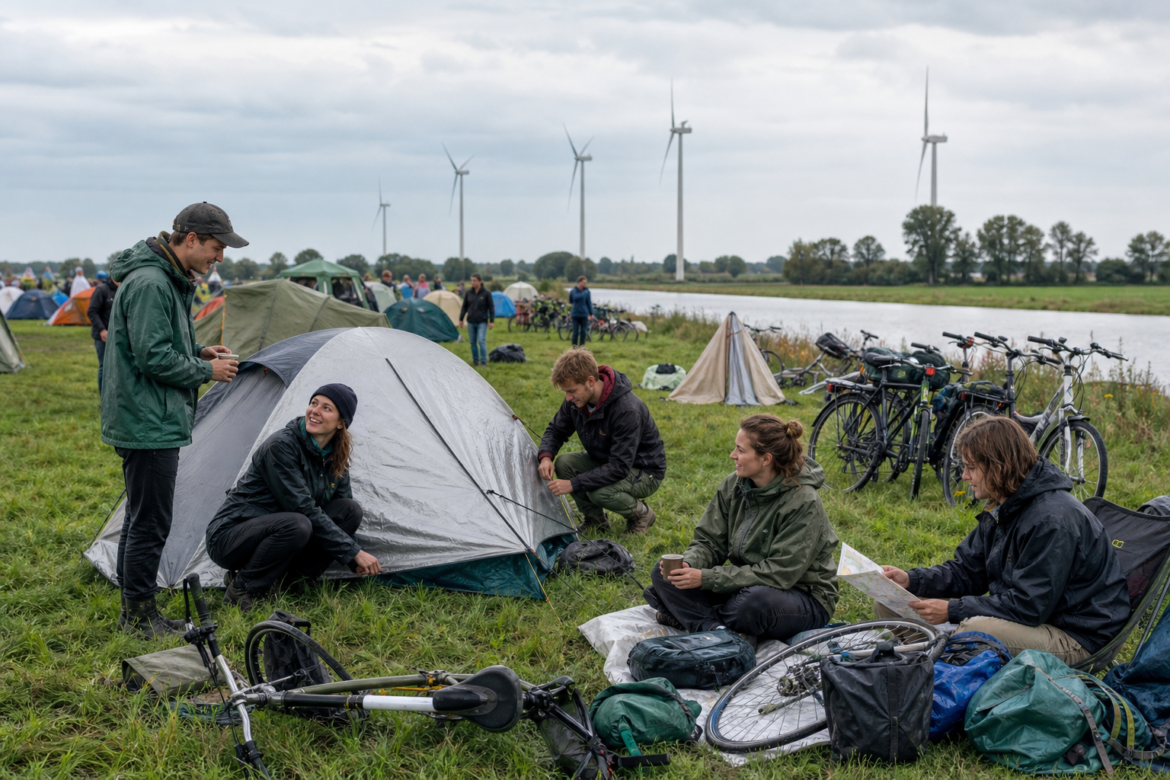 Festival visitors share coffee and repair a tent beside a Dutch canal after a night of rain.