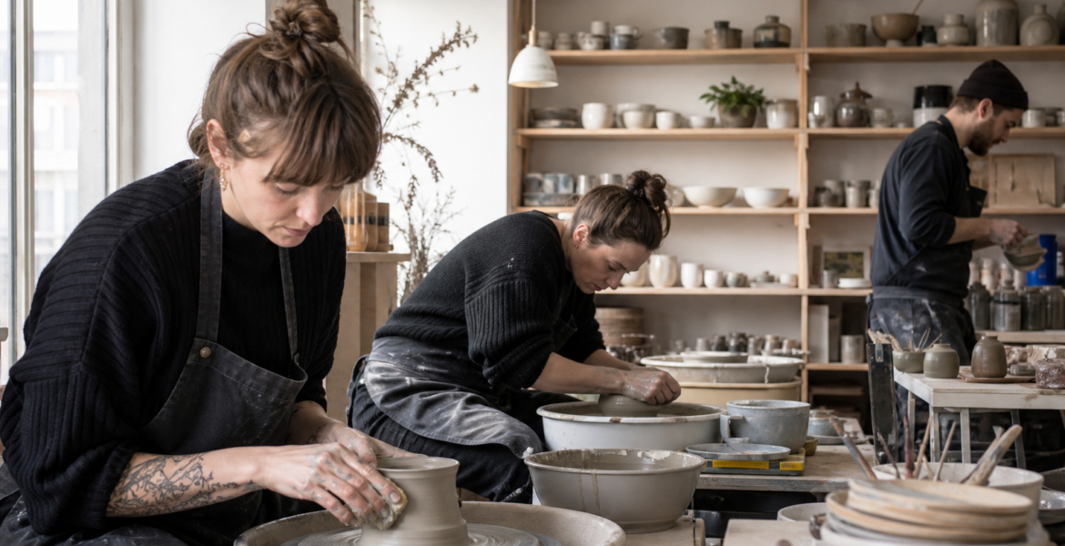Potters work together in a bright Nordic ceramics studio.