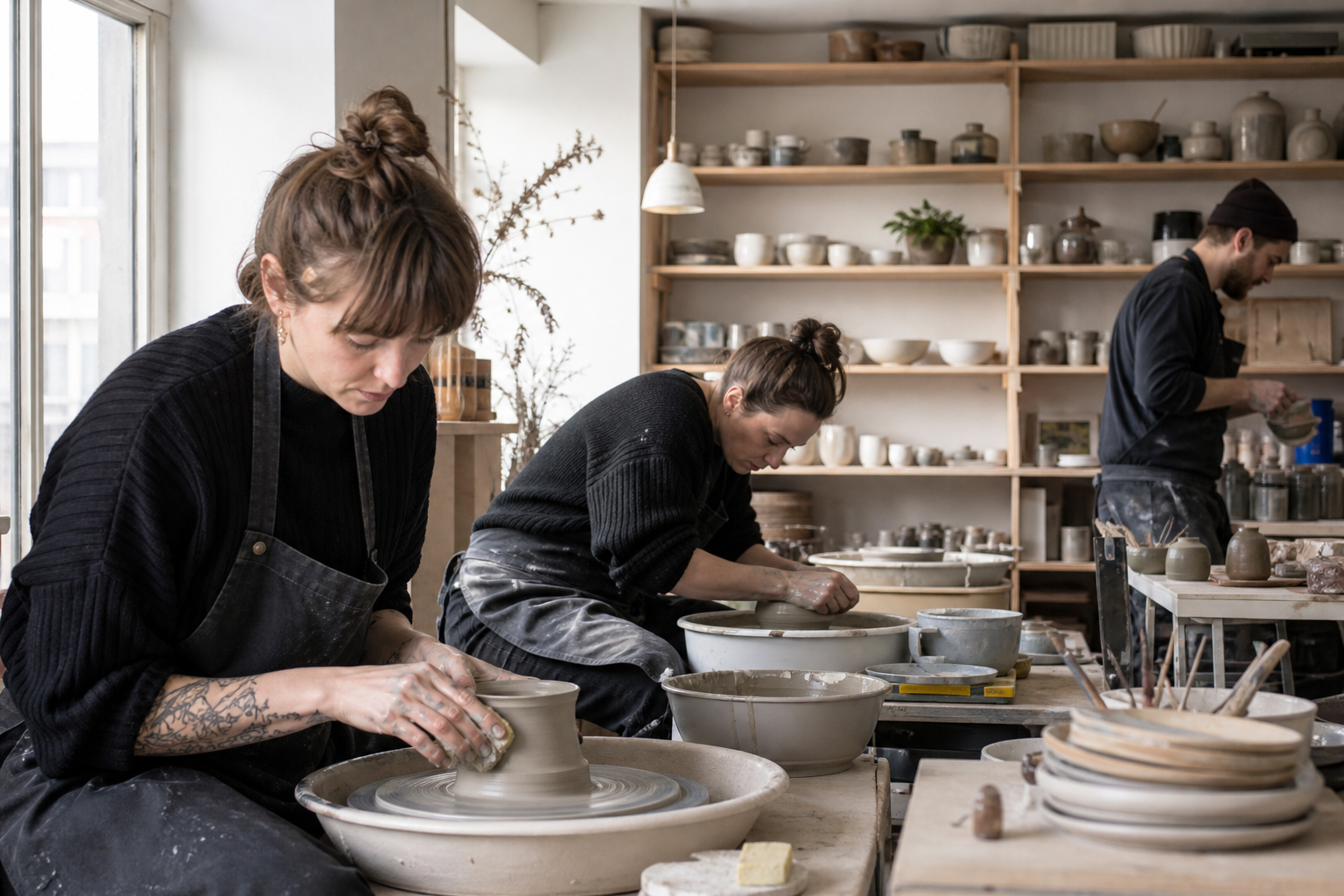 Potters work together in a bright Nordic ceramics studio.