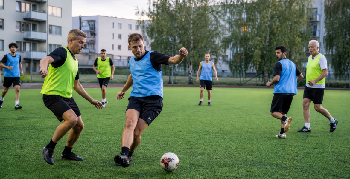 Amateur players take part in a community football evening in a Nordic town.