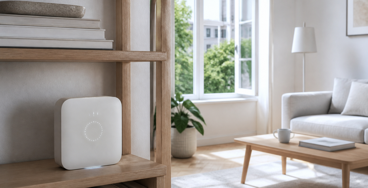 A discreet indoor air monitor in a contemporary Nordic home.