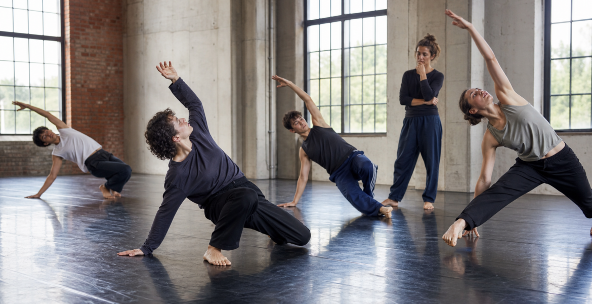 Contemporary dancers rehearsing in a restored industrial hall