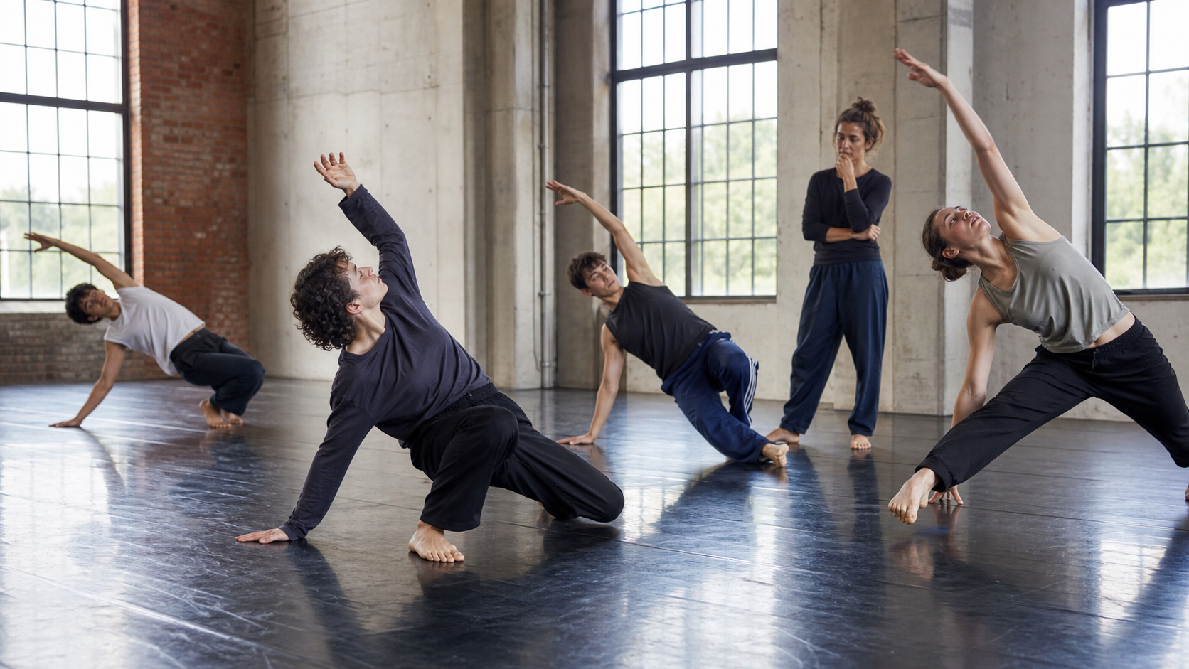 Contemporary dancers rehearsing in a restored industrial hall