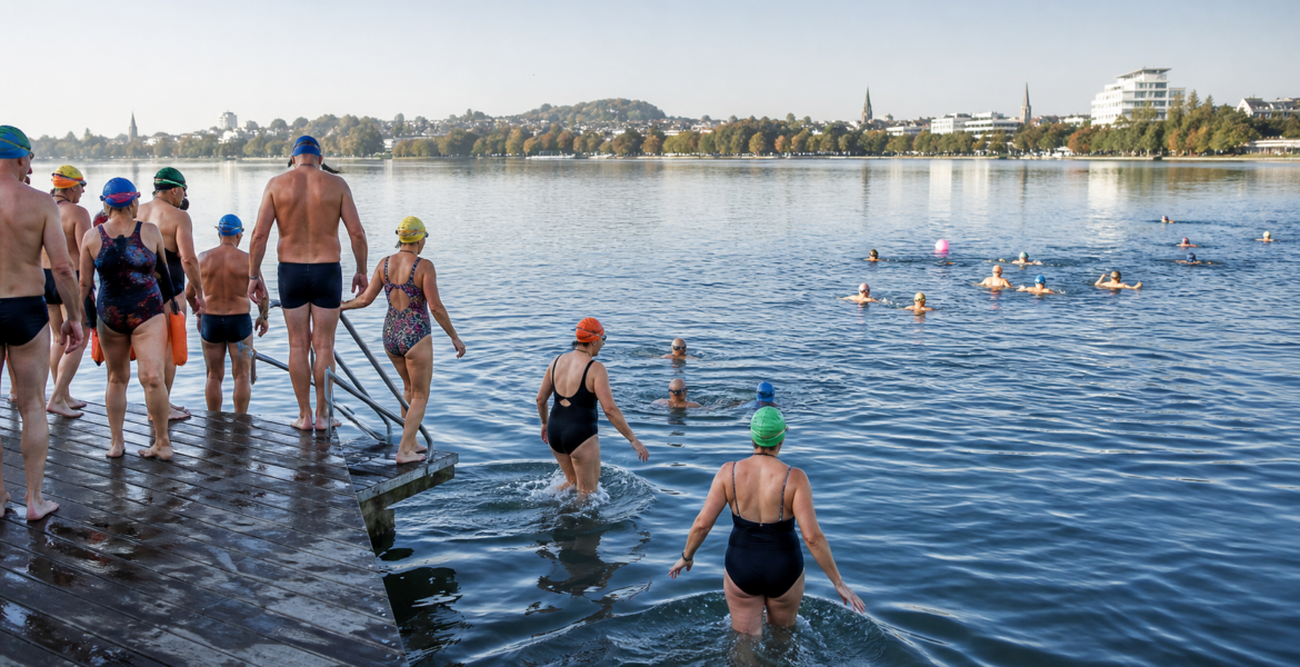 A friendly group preparing for a morning swim in a clear lake