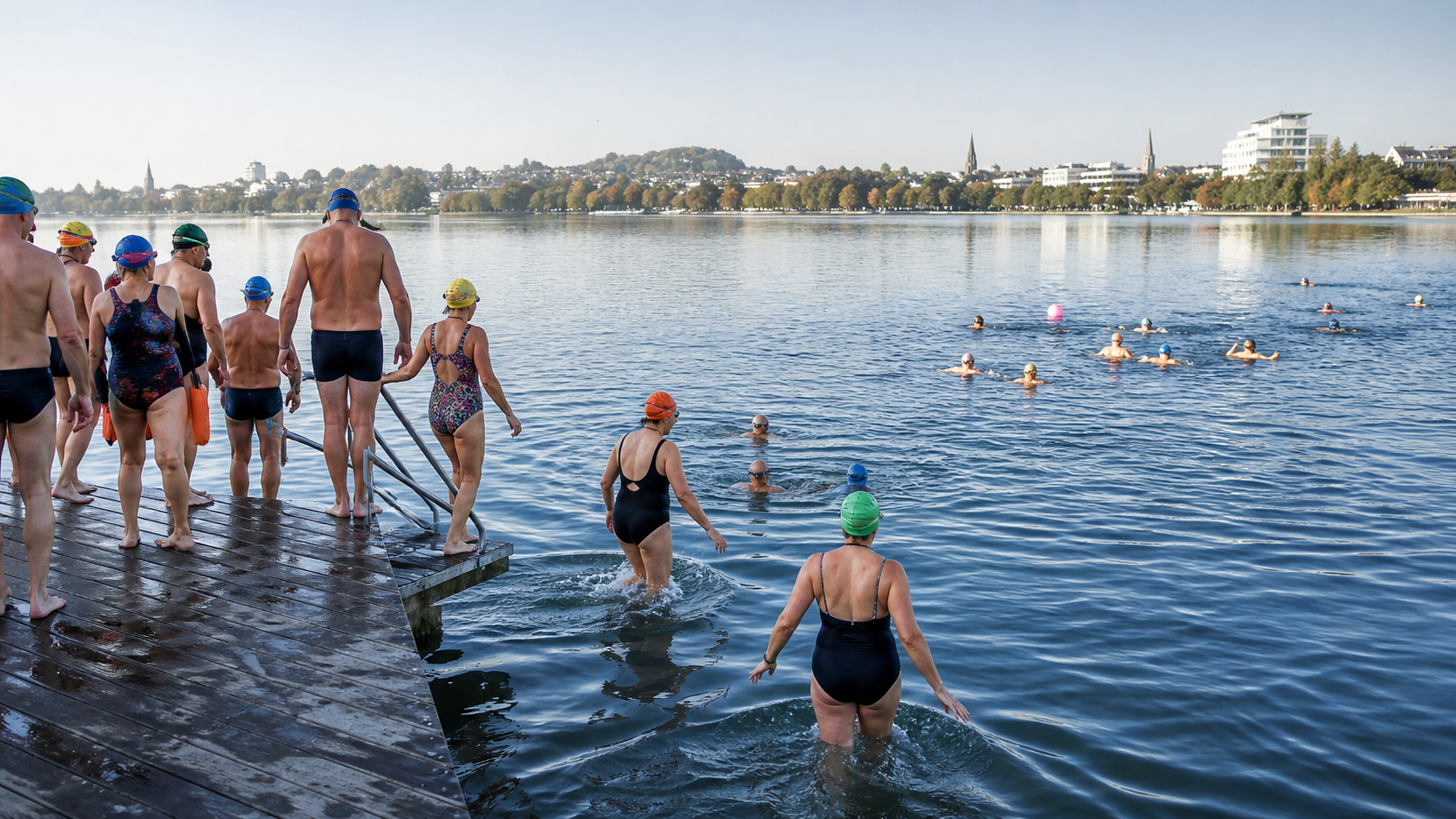 A friendly group preparing for a morning swim in a clear lake
