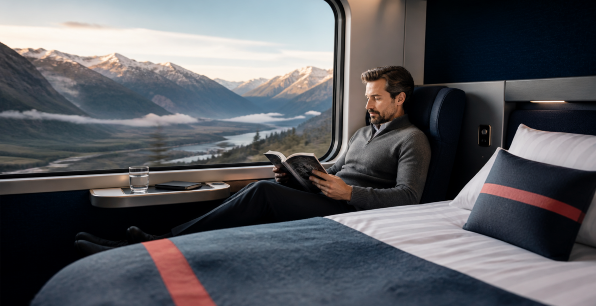 A modern electric night train travelling through a dramatic Nordic landscape