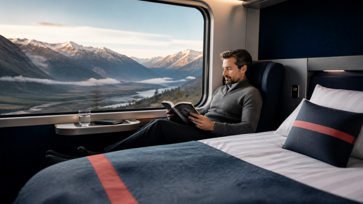 A modern electric night train travelling through a dramatic Nordic landscape