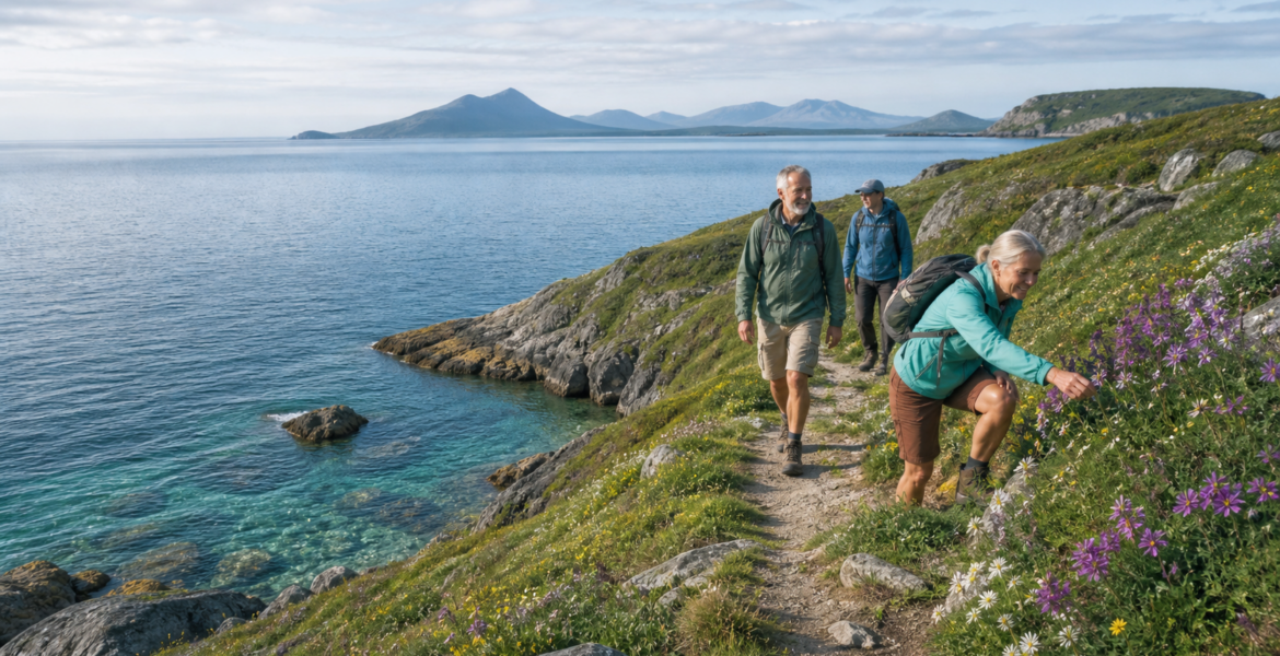 A restored coastal trail winding through green dunes beside the sea