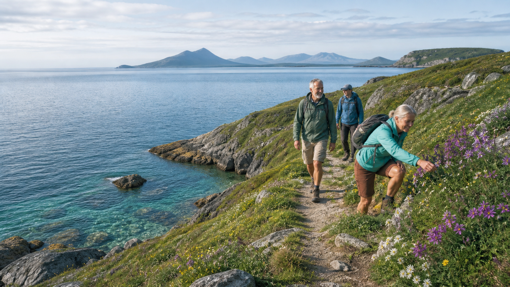 A restored coastal trail winding through green dunes beside the sea