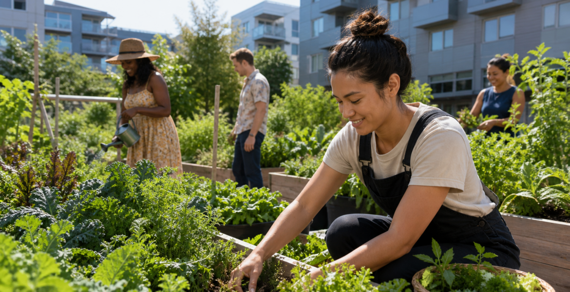Neighbours tending a colourful community garden alive with pollinators