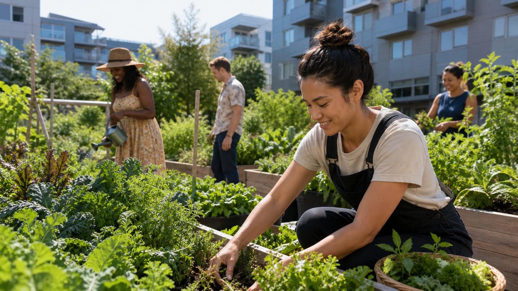 Neighbours tending a colourful community garden alive with pollinators