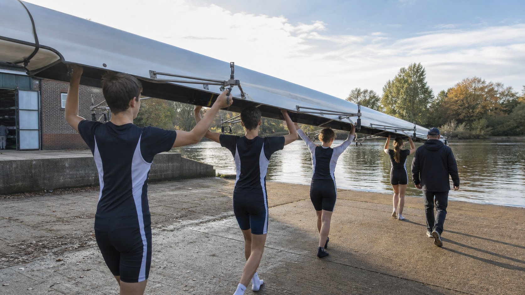 Young rowers carrying a racing shell beside a calm river